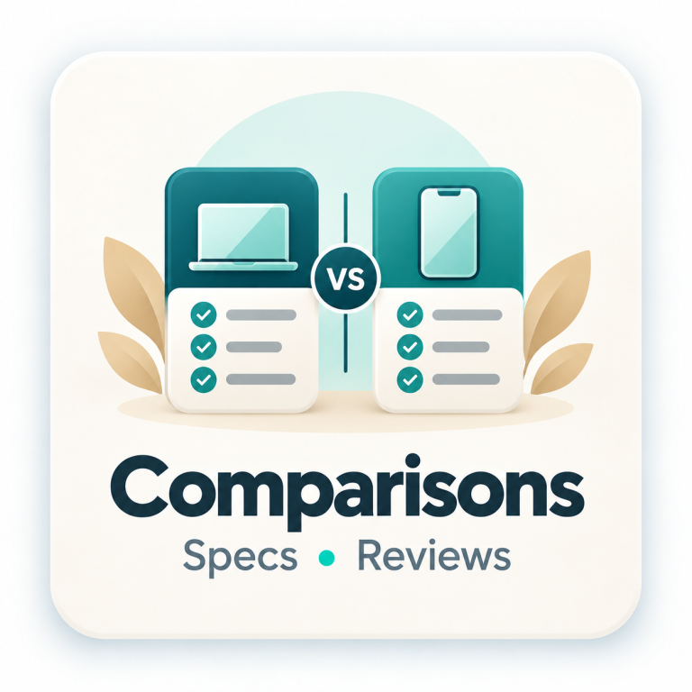 Laptop and smartphone comparison with specification checklists